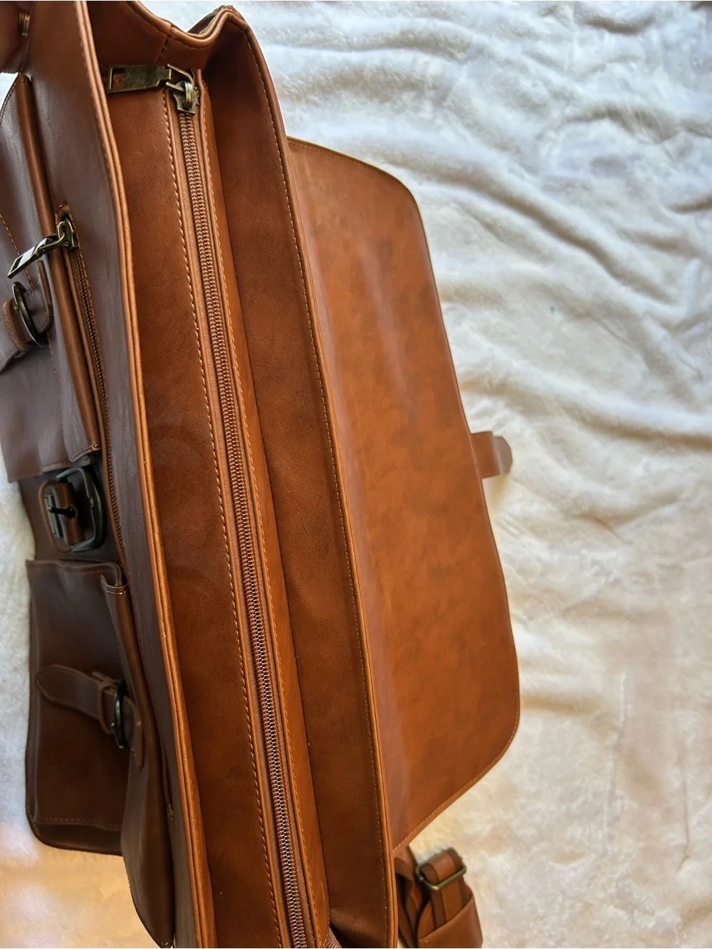 Men's Tan Leather Briefcase with Dual Front Pockets
